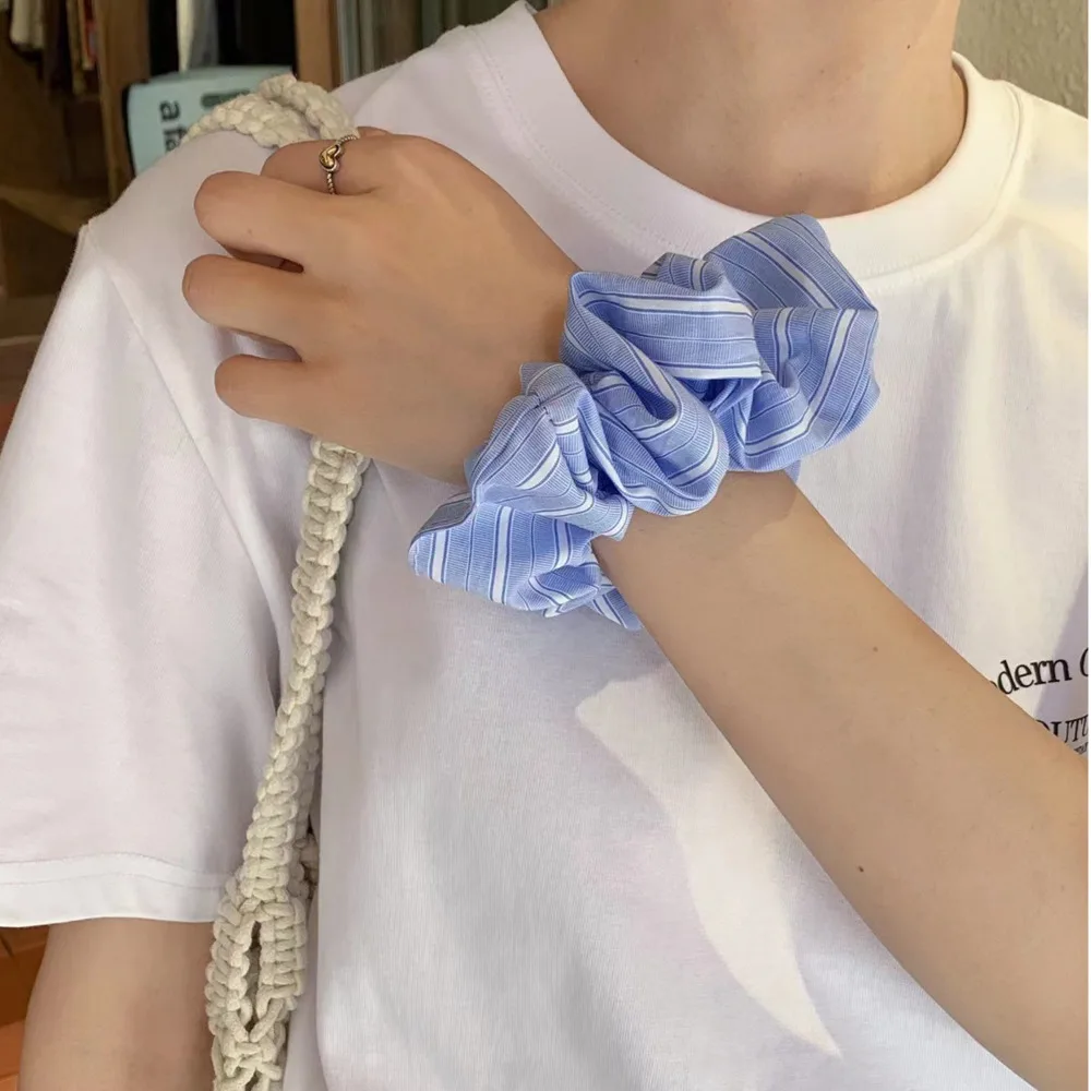 Korean Style Simple Striped Scrunchies Fresh Sunny Girls Blue Hair Rope Ties Elegant Ponytail Holder Hair Accessories Headwear