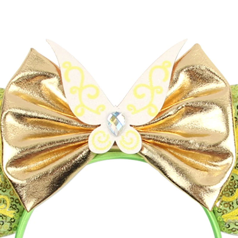 1pc Disney Headband Green Shimmering Fairy Wings Gold Bow Gemstone Embellishment Theme Park Role-playing Party Hair Accessories