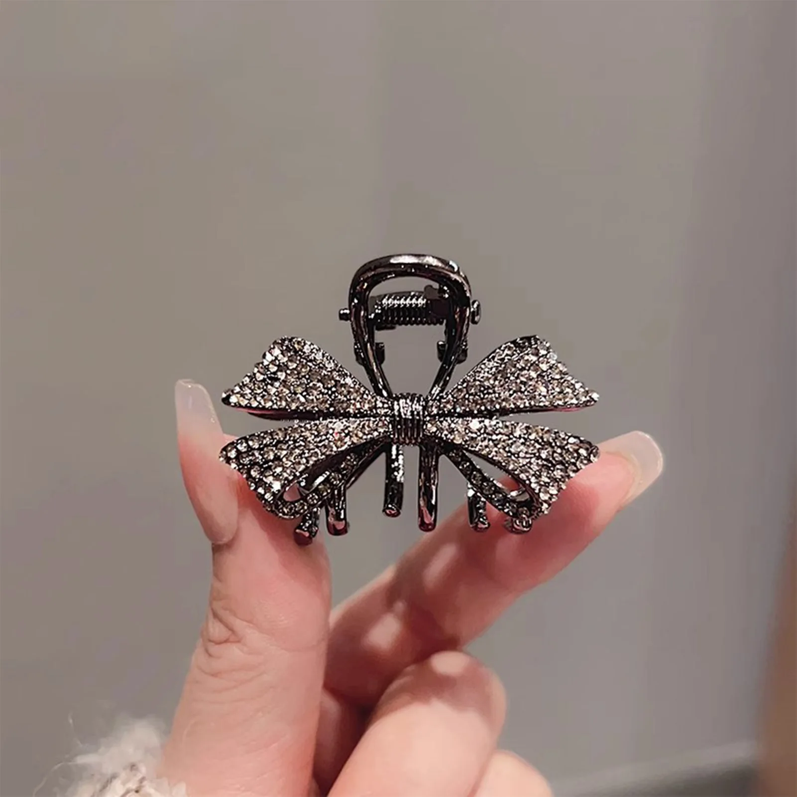 Black Bowknot Hair Claw Clip Sparkly Rhinestone Mini Simple Hairpin for Women Girls Elegant Snap Clip for Bangs Hair Holder