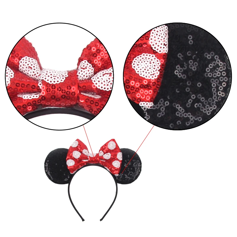 2026 Classical Mouse Ears Headband Embroidery 5" Sequins Dot Bow Hairband For Girls Featival Party DIY Hair Accessories