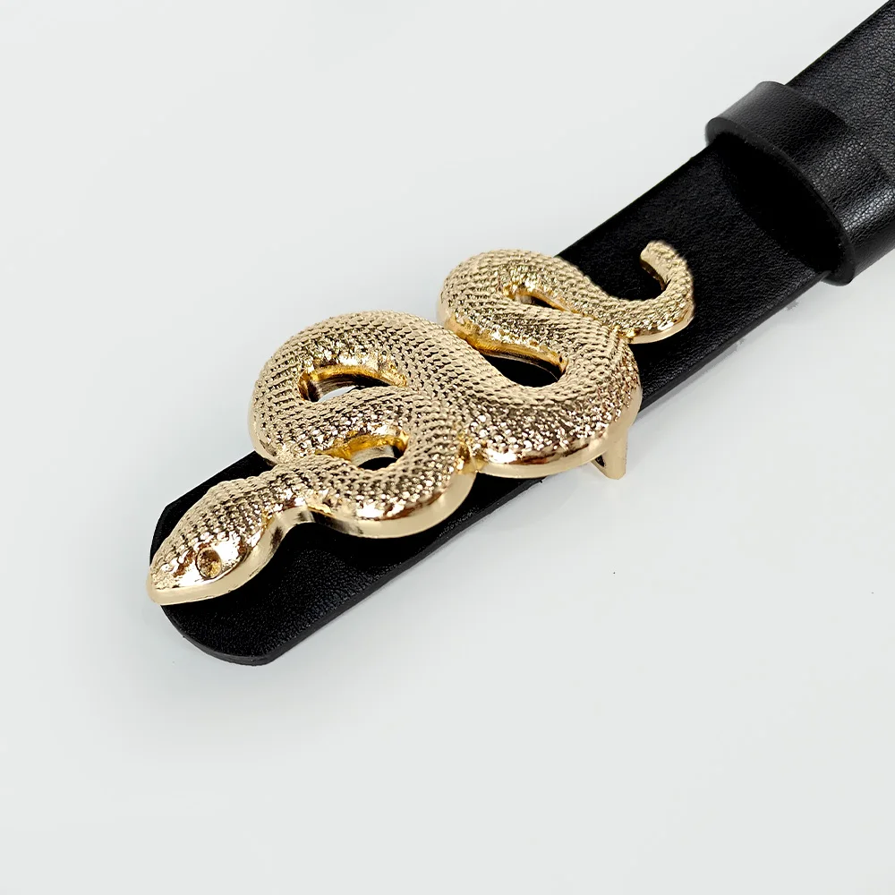 Hot Sale New Fashion Snake Belt Buckle with PU Leather Belt for Women Dress Designer Western Vintage Style Black Belts for Girls