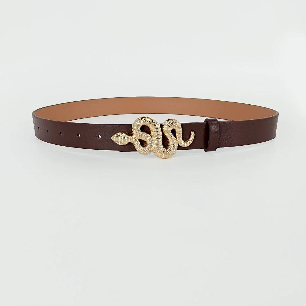 Hot Sale New Fashion Snake Belt Buckle with PU Leather Belt for Women Dress Designer Western Vintage Style Black Belts for Girls