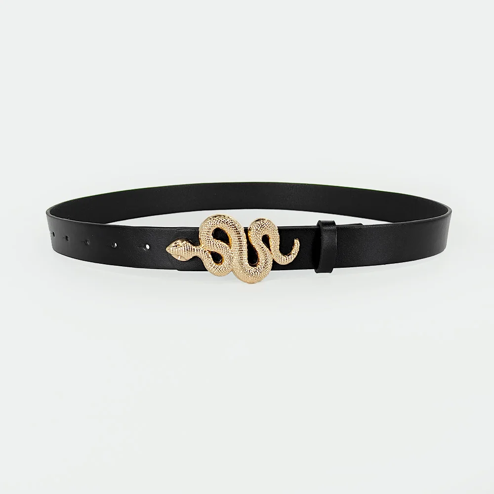 Hot Sale New Fashion Snake Belt Buckle with PU Leather Belt for Women Dress Designer Western Vintage Style Black Belts for Girls