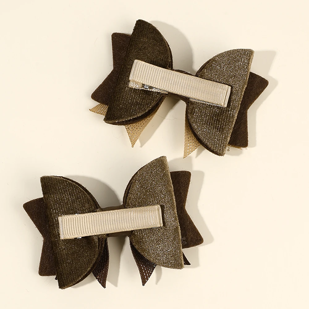 2Pcs New Solid Bow Hair Clips Sweet Brown Three-layer Bownot Hairpins For Girls Children Korean Trendy Headwear Hair Accessories
