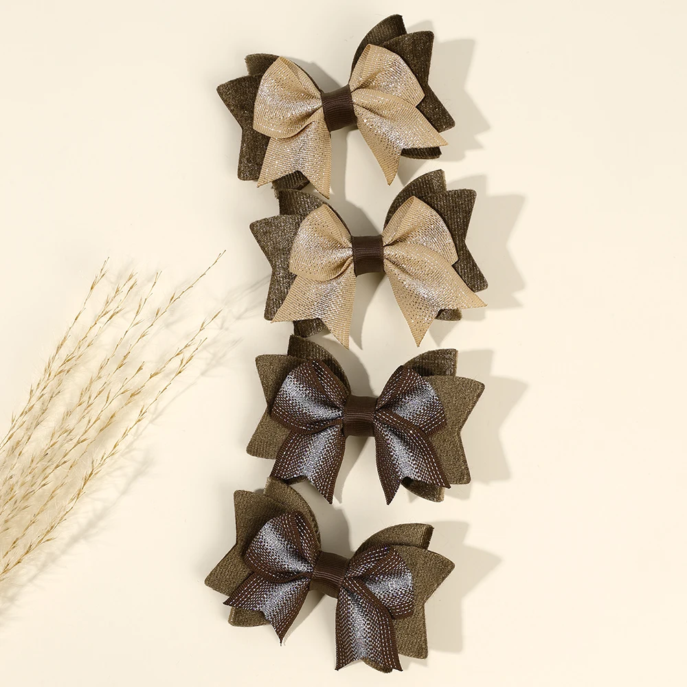 2Pcs New Solid Bow Hair Clips Sweet Brown Three-layer Bownot Hairpins For Girls Children Korean Trendy Headwear Hair Accessories