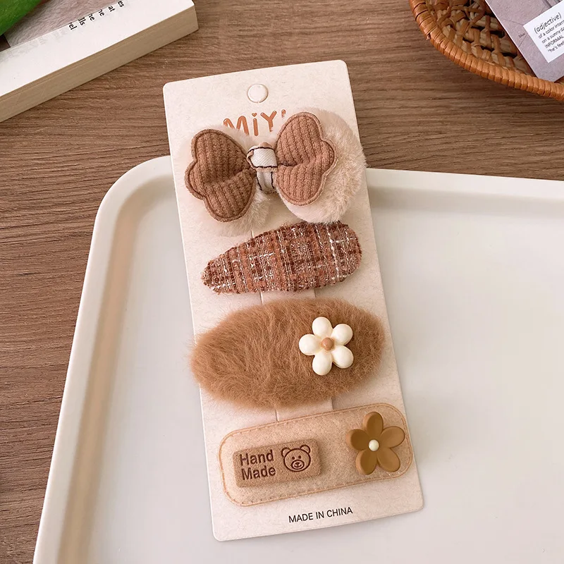 4Pcs/Lot Coffee Color Fabric Plush Bow Hair Clips For Girls Flower Hairpins Kids Sweet BB Clip Striped Hairclips Hair Decoration