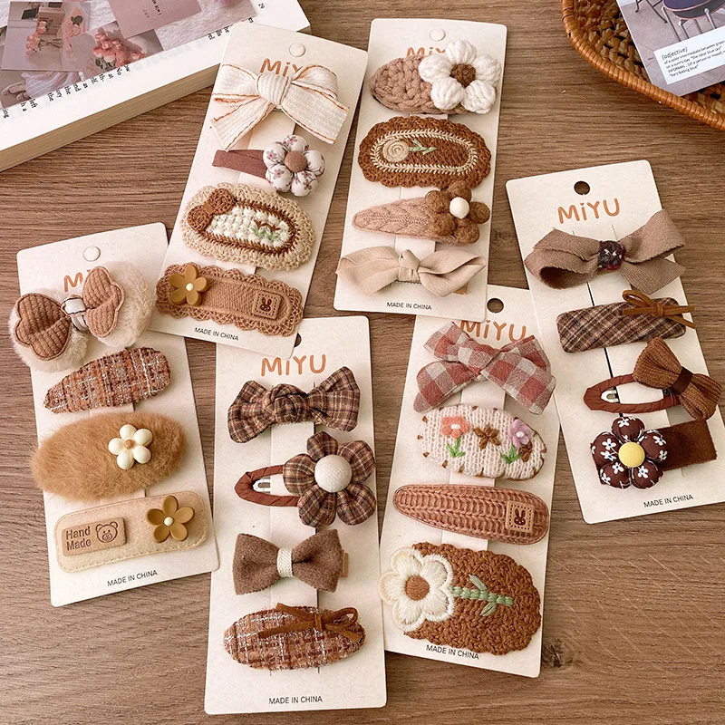 4Pcs/Lot Coffee Color Fabric Plush Bow Hair Clips For Girls Flower Hairpins Kids Sweet BB Clip Striped Hairclips Hair Decoration