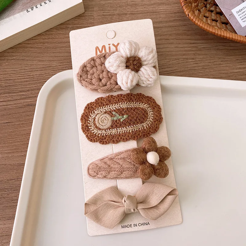 4Pcs/Lot Coffee Color Fabric Plush Bow Hair Clips For Girls Flower Hairpins Kids Sweet BB Clip Striped Hairclips Hair Decoration