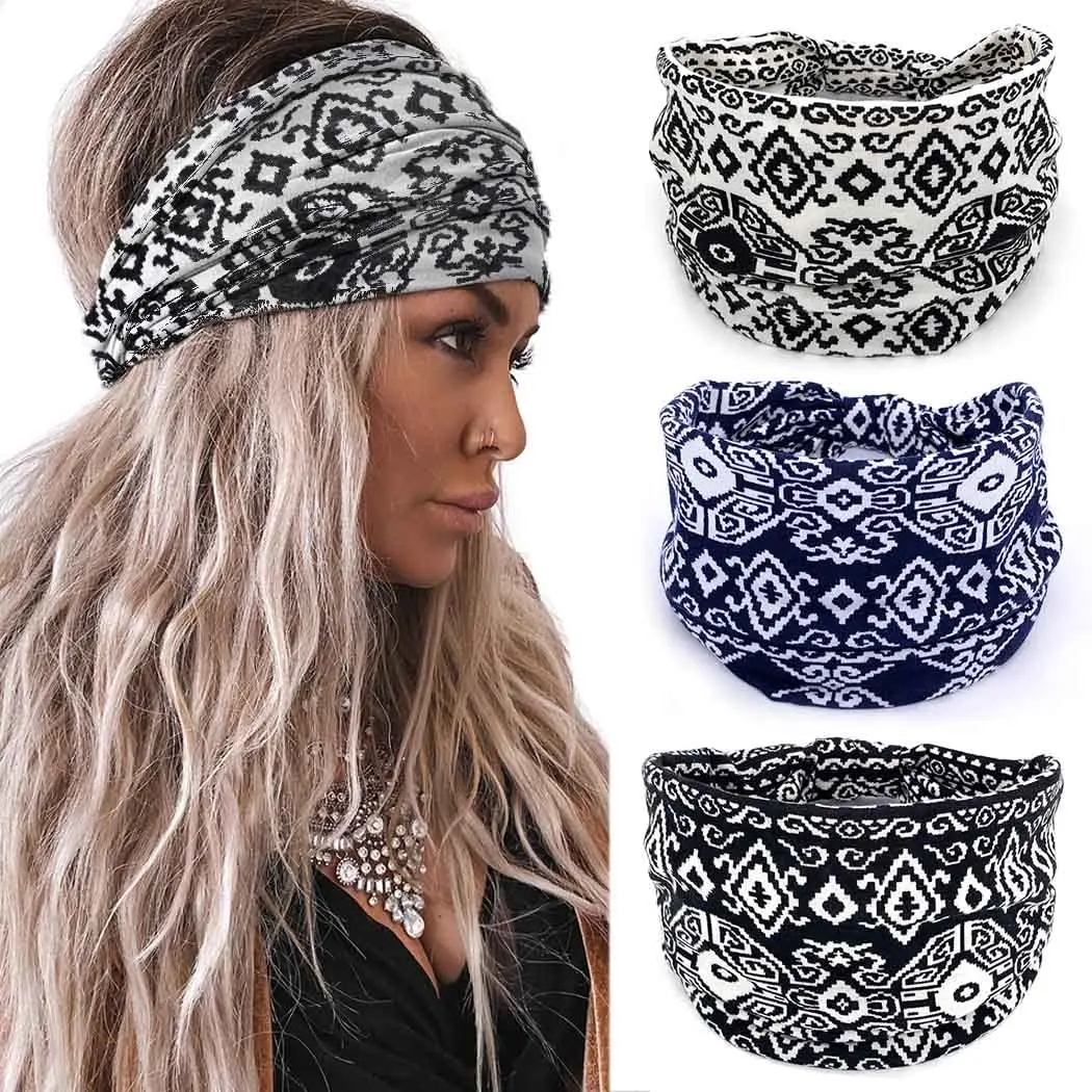 Retro Headbands Fashion Printed Wide Knotted Hair Bands Soft Cotton Head Wraps Headband for Women Sport Yoga Hair Accessories