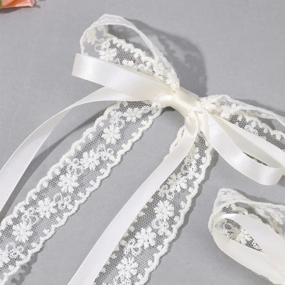 2Pcs White Lace Bow Hair Clips Flower Embroidery Long Ribbon Hairpins Sweet Floral Barrette Girls Children Headwear Accessories