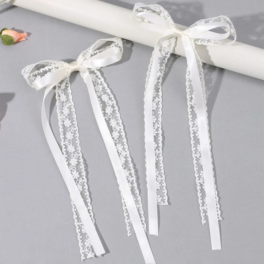 2Pcs White Lace Bow Hair Clips Flower Embroidery Long Ribbon Hairpins Sweet Floral Barrette Girls Children Headwear Accessories
