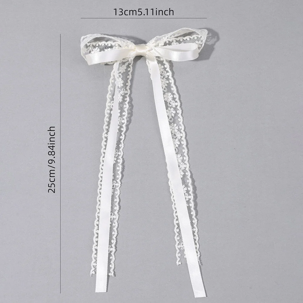 2Pcs White Lace Bow Hair Clips Flower Embroidery Long Ribbon Hairpins Sweet Floral Barrette Girls Children Headwear Accessories