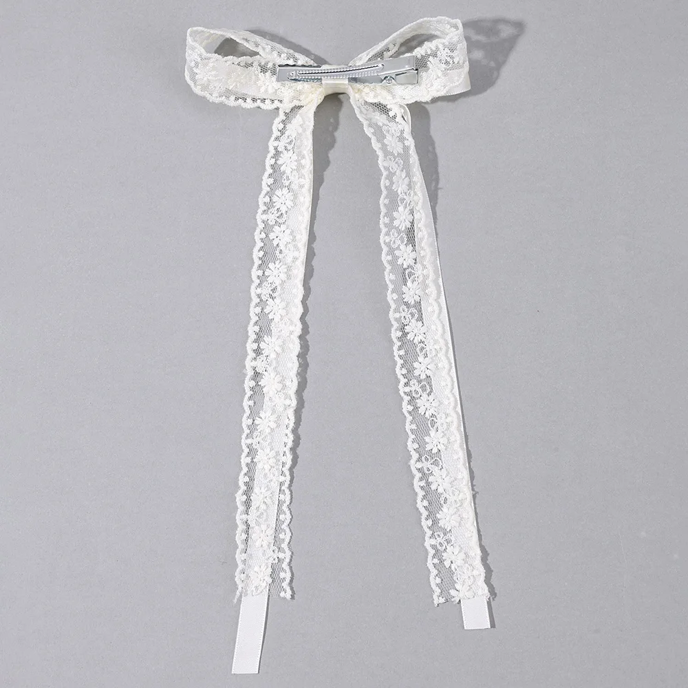 2Pcs White Lace Bow Hair Clips Flower Embroidery Long Ribbon Hairpins Sweet Floral Barrette Girls Children Headwear Accessories