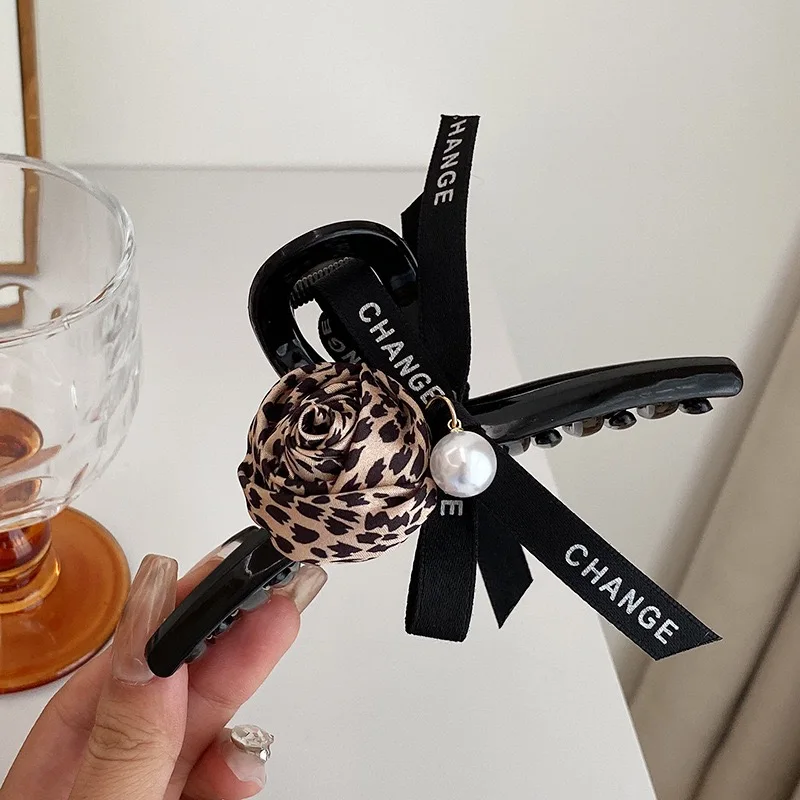 1pc elegant vintage leopard print rose pearl shark clip, stylish back-of-the-head bun hair clip exquisite hair grab clip