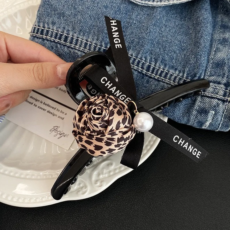 1pc elegant vintage leopard print rose pearl shark clip, stylish back-of-the-head bun hair clip exquisite hair grab clip