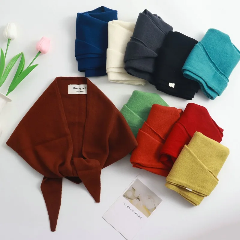 New Fashion 100% Wool Knit Triangular Binder Outer Shawl Women's Autumn and Winter Warm Neck Protection Blue Small Scarf