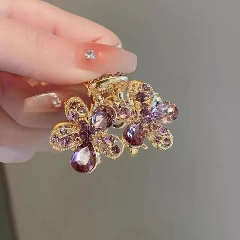 Exquisite Purple Crystal Rhinestone Flower Small Hair Clip High-end Women's Bangs Side Hair Claw Korean Style Hair Accessories