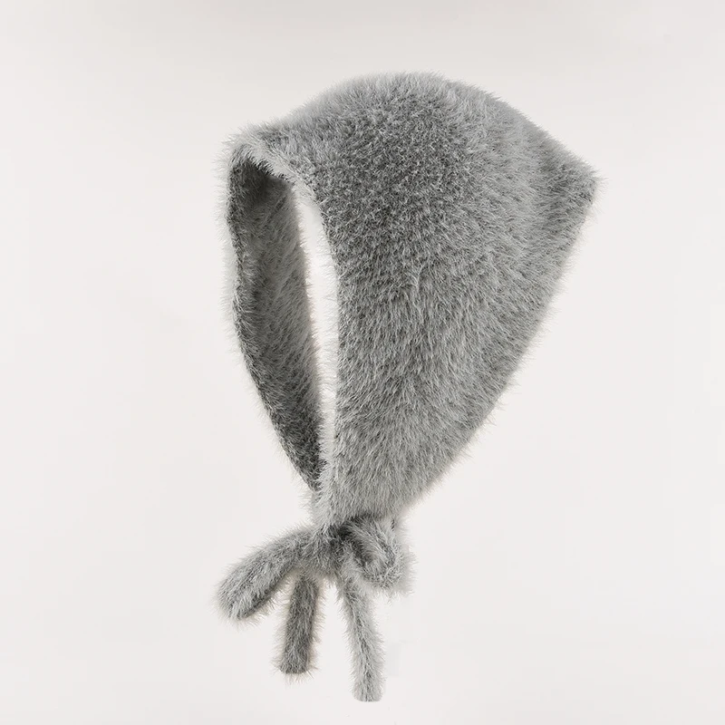 French Style Faux Mink Hair Triangular Scarf Women Autumn Winter Warm Fluffy Knitted Woolen Headband Sweet and Cute Headband