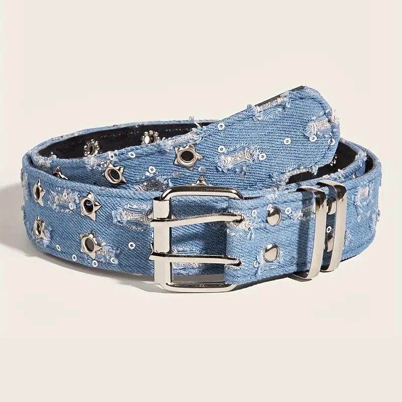 New Fashion Luxury Belt Black Punk Accessories Blue Denim Girdle HipHop Y2k Star Hollowed Pin Buckle Waistband，For Men Women