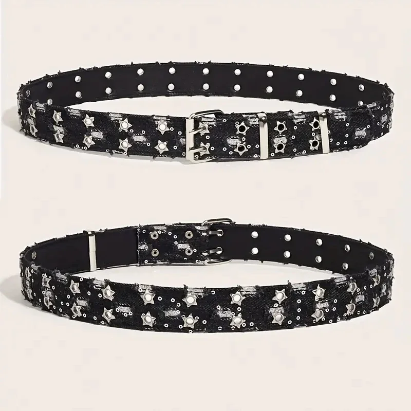 New Fashion Luxury Belt Black Punk Accessories Blue Denim Girdle HipHop Y2k Star Hollowed Pin Buckle Waistband，For Men Women