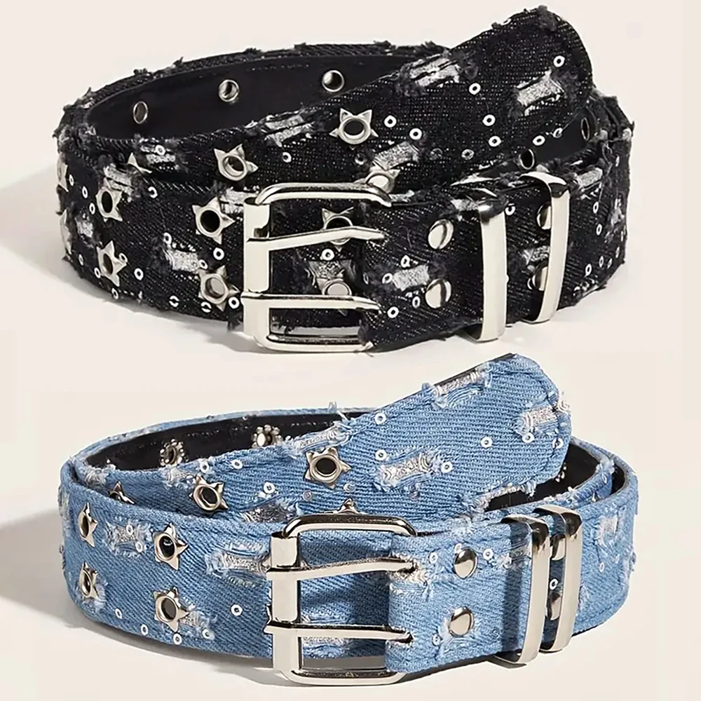 New Fashion Luxury Belt Black Punk Accessories Blue Denim Girdle HipHop Y2k Star Hollowed Pin Buckle Waistband，For Men Women
