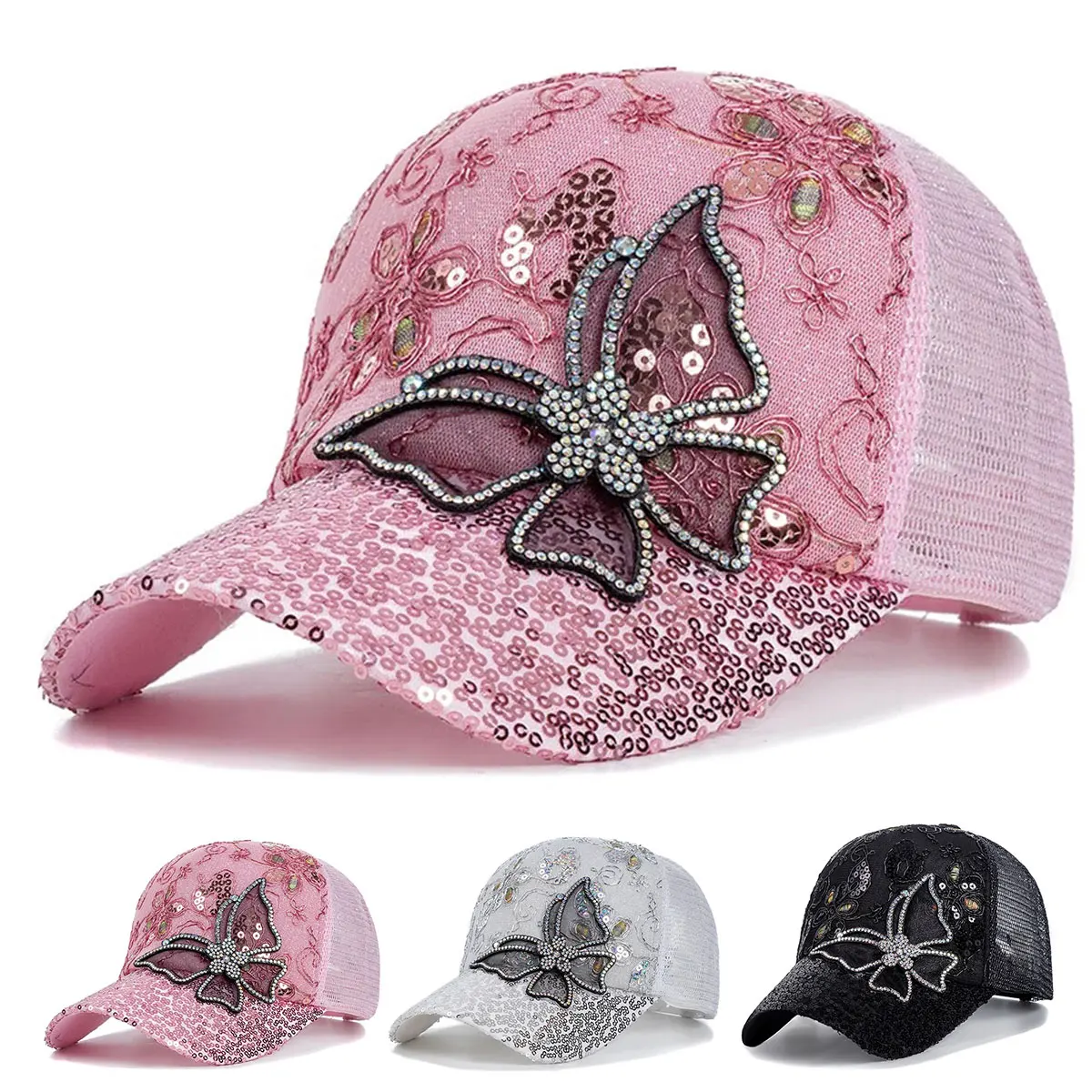 Unisex Butterfly Lace Glitter Baseball Net Caps Spring and Summer Outdoor Adjustable Casual Hats Sunscreen Hat