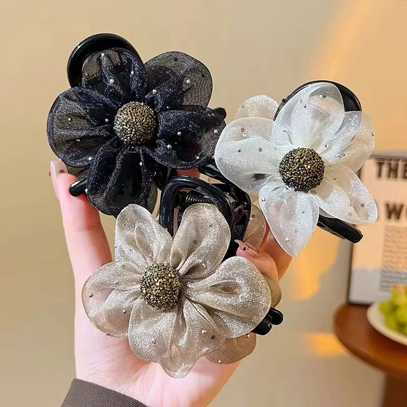 1pc Advanced Net Mesh Rhinestone Flower Claw Clip for Women 2025 New Shark Clip High Ponytail Hair Cl