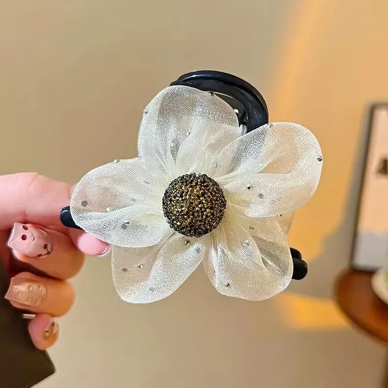 1pc Advanced Net Mesh Rhinestone Flower Claw Clip for Women 2025 New Shark Clip High Ponytail Hair Cl