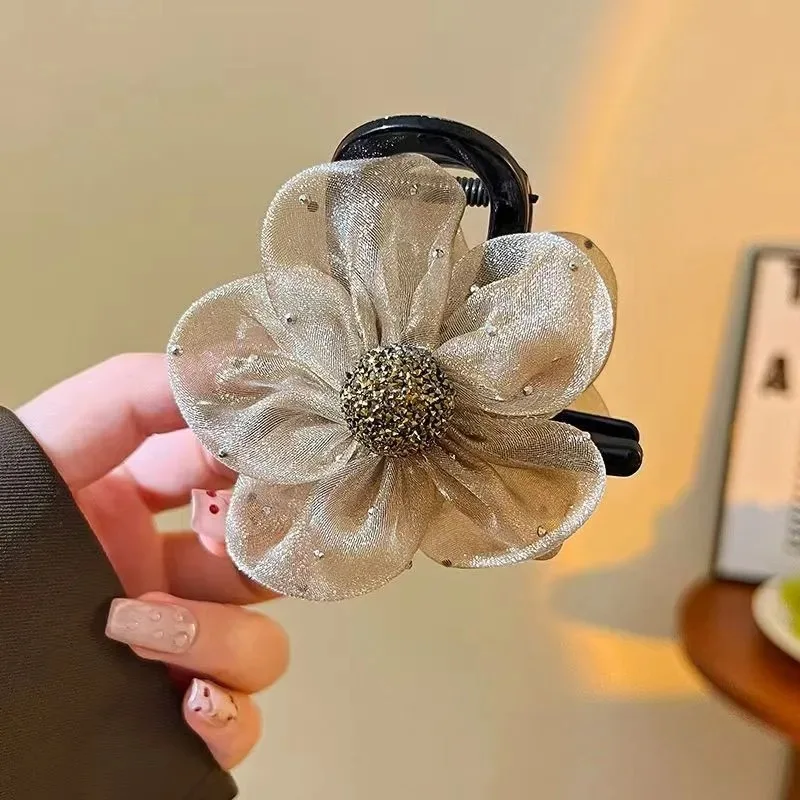 1pc Advanced Net Mesh Rhinestone Flower Claw Clip for Women 2025 New Shark Clip High Ponytail Hair Cl