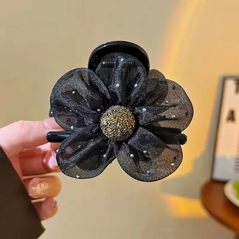 1pc Advanced Net Mesh Rhinestone Flower Claw Clip for Women 2025 New Shark Clip High Ponytail Hair Cl