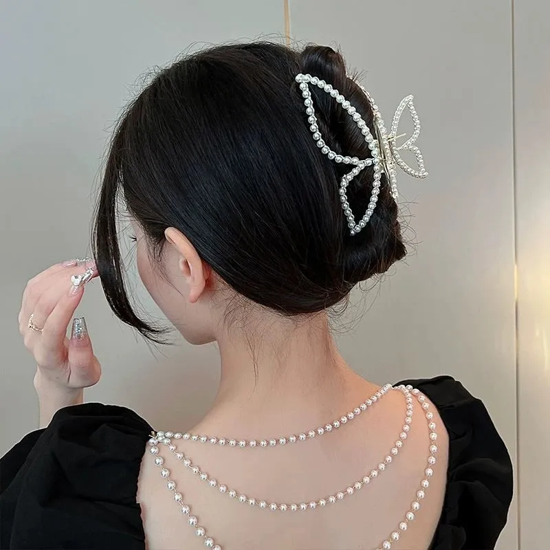 1pc pearl butterfly large hair clip for women summer design sense hair accessory shark clip at the back of the head