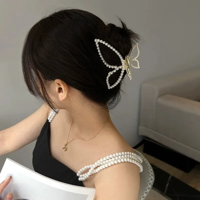 1pc pearl butterfly large hair clip for women summer design sense hair accessory shark clip at the back of the head