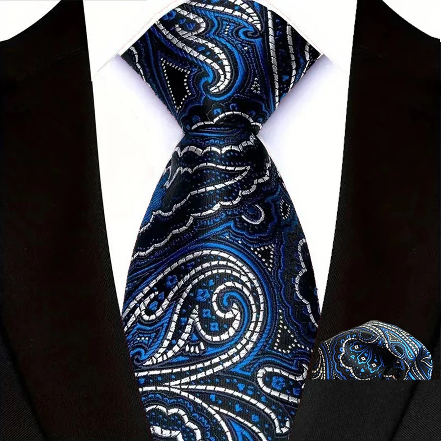 Luxury Mens Tie Luxury Navy Color 8cm NeckTie Pocket Square Set For Men Formal Fashion Wedding Business High Quality Gravata