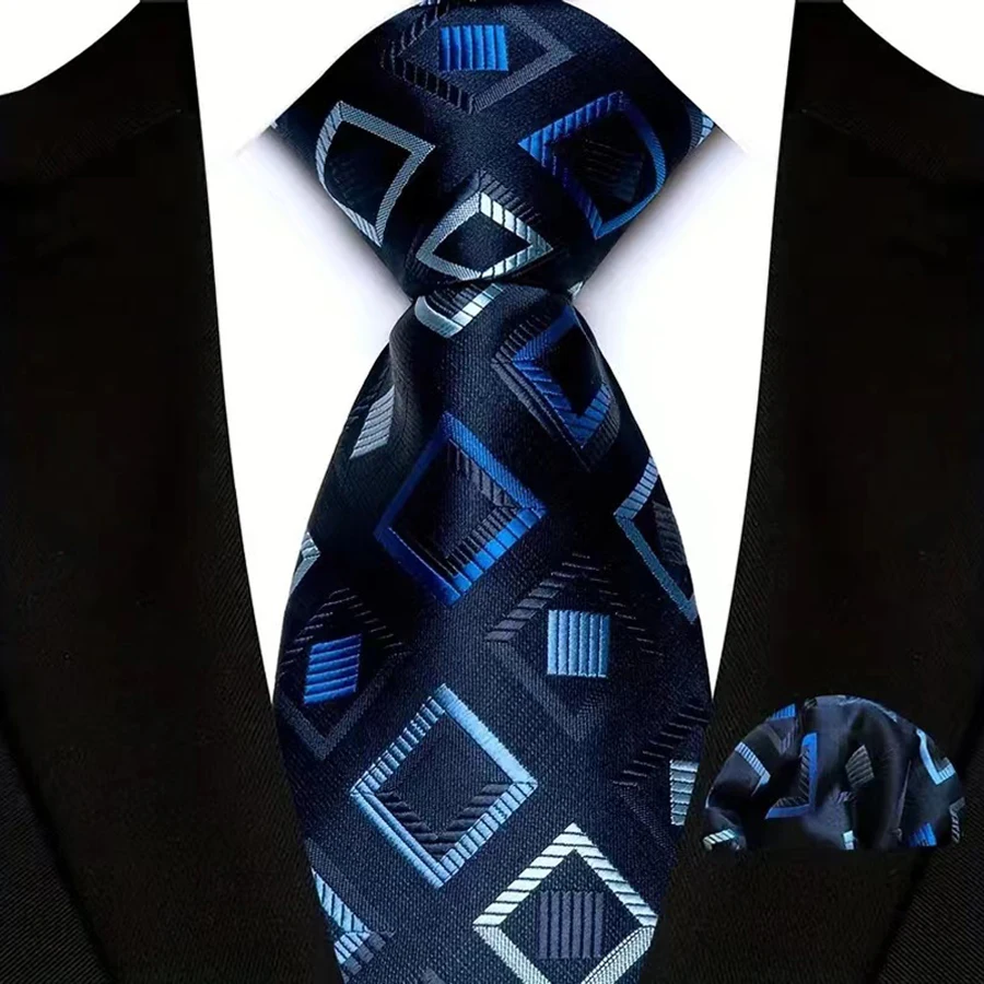 Luxury Mens Tie Luxury Navy Color 8cm NeckTie Pocket Square Set For Men Formal Fashion Wedding Business High Quality Gravata