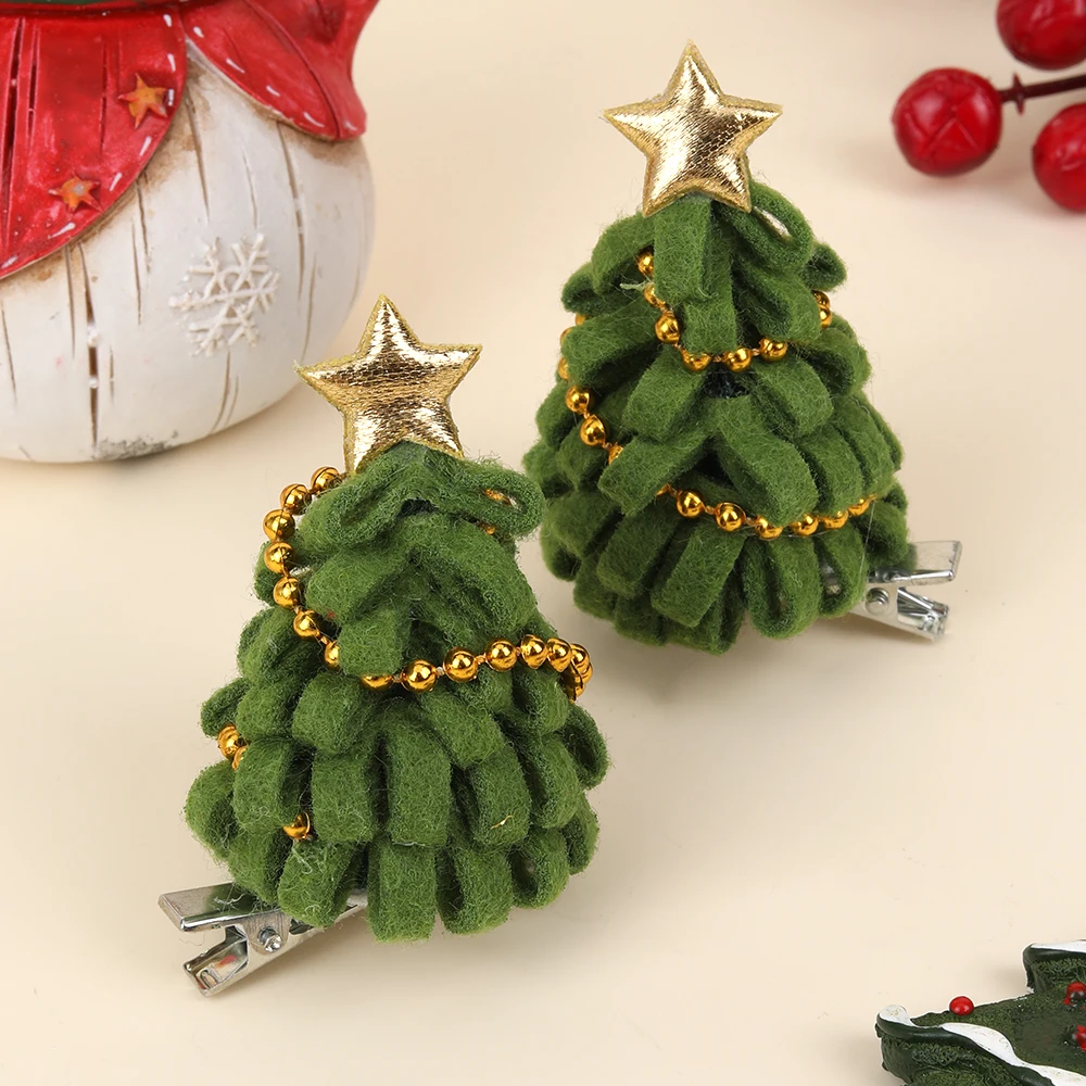 2pcs Cute Christmas Tree Hair Clips For Girls Green Tree Decor Hair Accessories With Glitter Star New Year Christmas Gifts