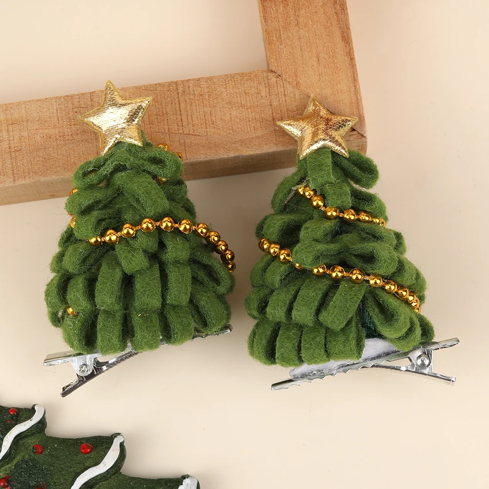 2pcs Cute Christmas Tree Hair Clips For Girls Green Tree Decor Hair Accessories With Glitter Star New Year Christmas Gifts