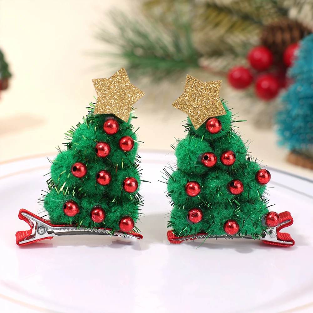 2pcs Cute Christmas Tree Hair Clips For Girls Green Tree Decor Hair Accessories With Glitter Star New Year Christmas Gifts
