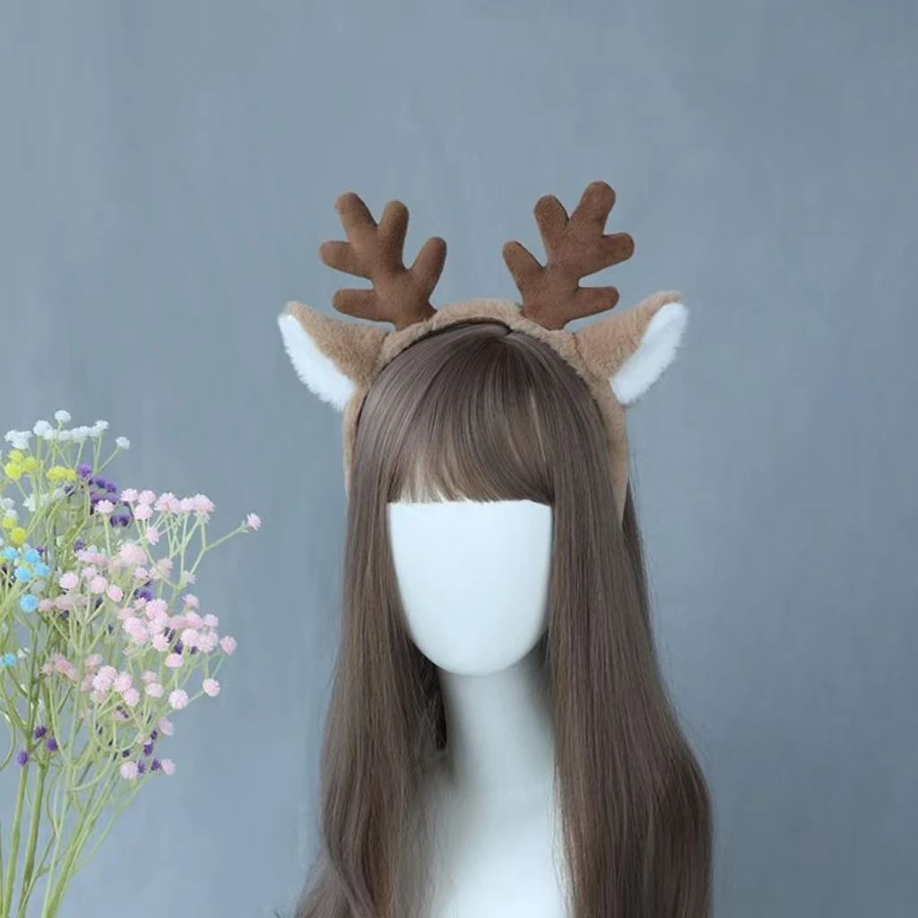 Christmas Costume Snowflake Deer Ears and Antlers Headband Cosplay Accessories Realistic Animal Ears Plush Headwear Hair Accessories