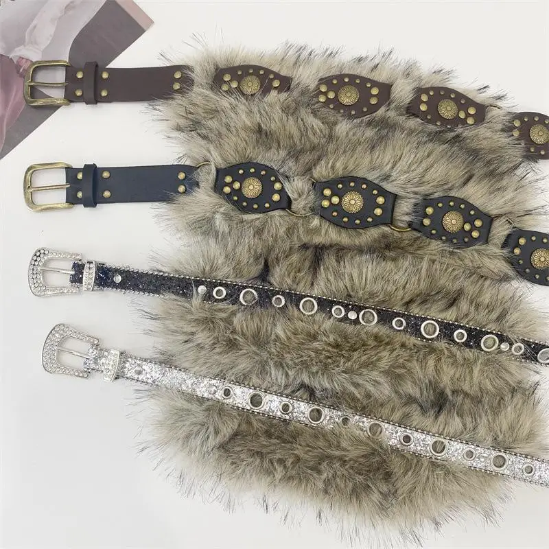 1PC Punk PU Studded Fur Belt Y2K Vintage Faux Fur Waistband Metal Plush Furry Waistband Jeans Waist Belts Accessories