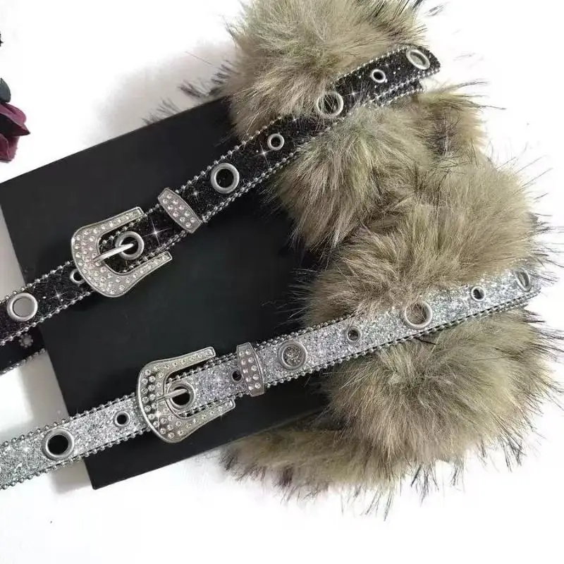 1PC Punk PU Studded Fur Belt Y2K Vintage Faux Fur Waistband Metal Plush Furry Waistband Jeans Waist Belts Accessories