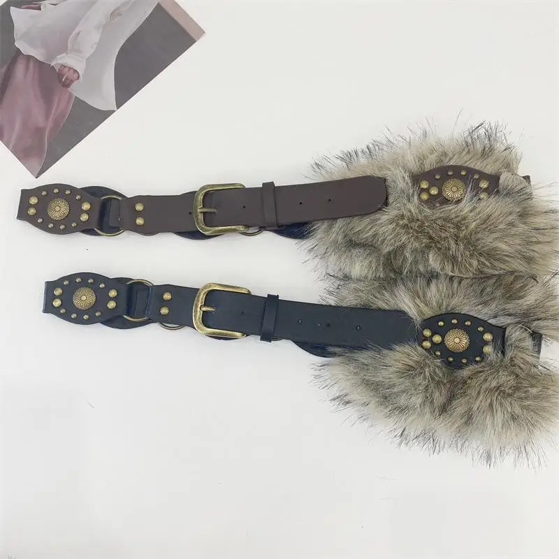 1PC Punk PU Studded Fur Belt Y2K Vintage Faux Fur Waistband Metal Plush Furry Waistband Jeans Waist Belts Accessories