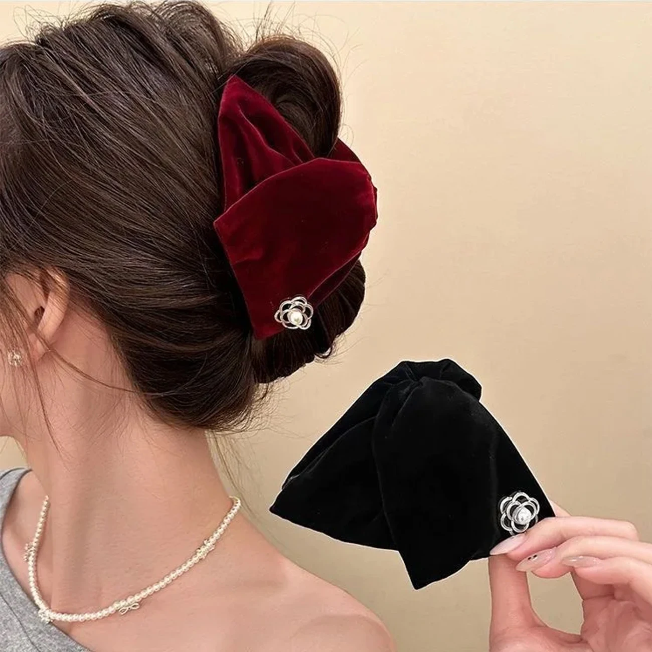 1pc Vintage Velvet Camellia Triangle Hair Clip for Women, High-End Style, Back of Head Hairpin, Updo Shark Clip Hair Accessory