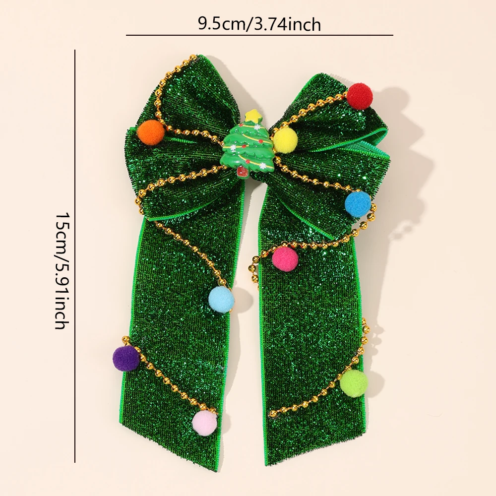 New Year Christmas Bow Hair Clips Christmas Tree Decoration Hairpins Glittery Colorful Pom Poms Barrette For Girls Accessories