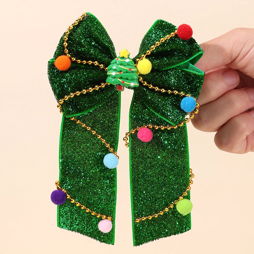 New Year Christmas Bow Hair Clips Christmas Tree Decoration Hairpins Glittery Colorful Pom Poms Barrette For Girls Accessories