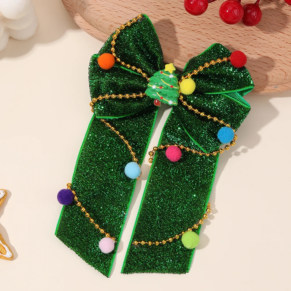 New Year Christmas Bow Hair Clips Christmas Tree Decoration Hairpins Glittery Colorful Pom Poms Barrette For Girls Accessories