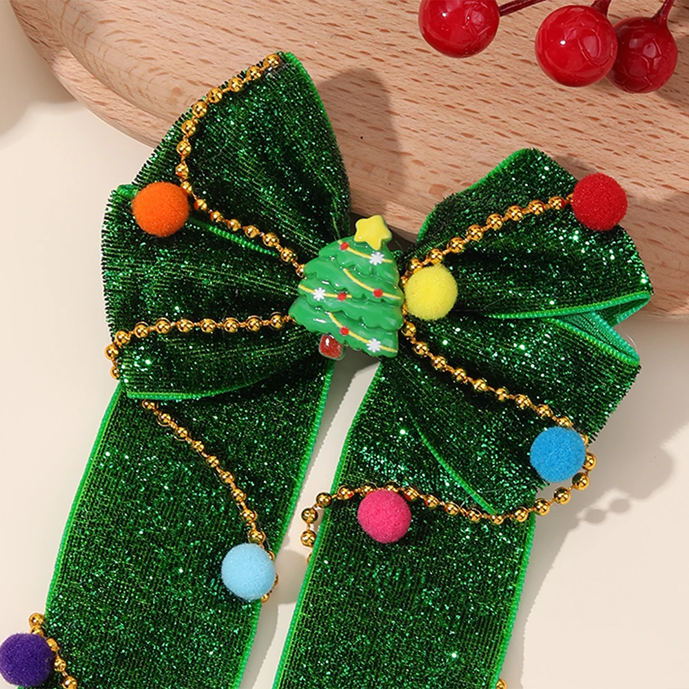 New Year Christmas Bow Hair Clips Christmas Tree Decoration Hairpins Glittery Colorful Pom Poms Barrette For Girls Accessories