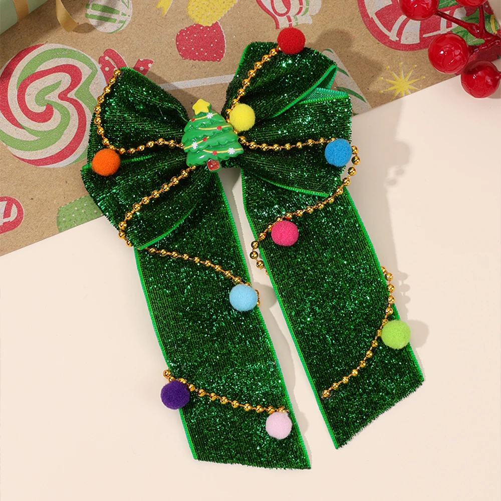 New Year Christmas Bow Hair Clips Christmas Tree Decoration Hairpins Glittery Colorful Pom Poms Barrette For Girls Accessories