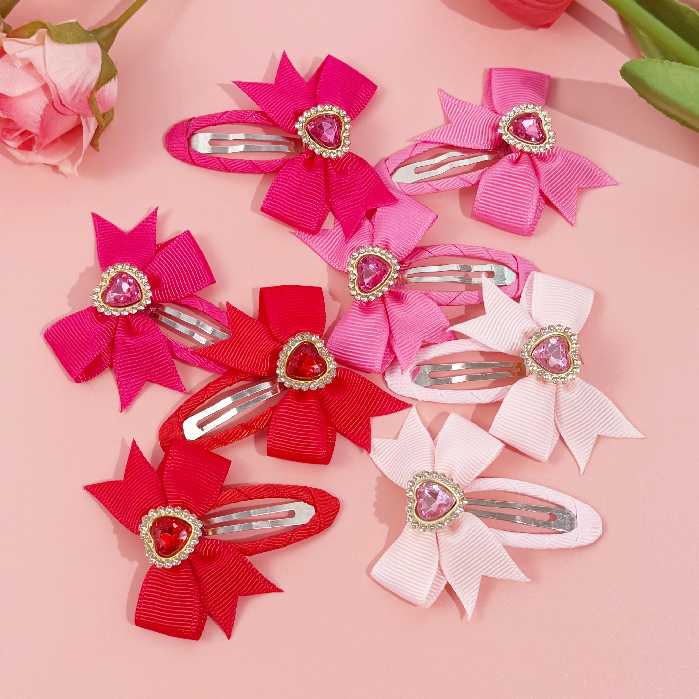 8pcs Girls Hair Bows Barrettes Clips Valentine's Day Hair Clips Ribbon Snap Crystal Heart Hair Clip Kids Girls Hair Accessories