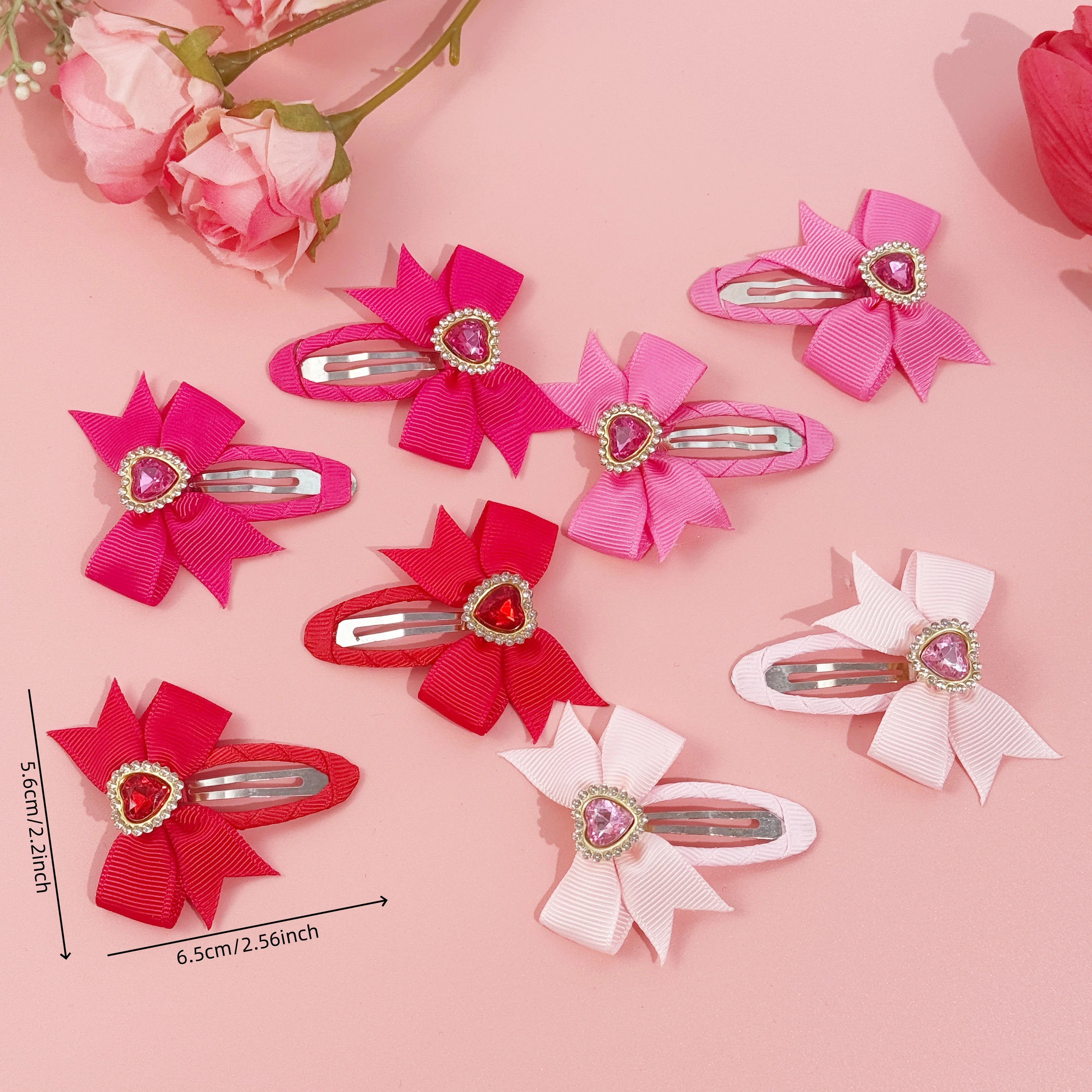 8pcs Girls Hair Bows Barrettes Clips Valentine's Day Hair Clips Ribbon Snap Crystal Heart Hair Clip Kids Girls Hair Accessories