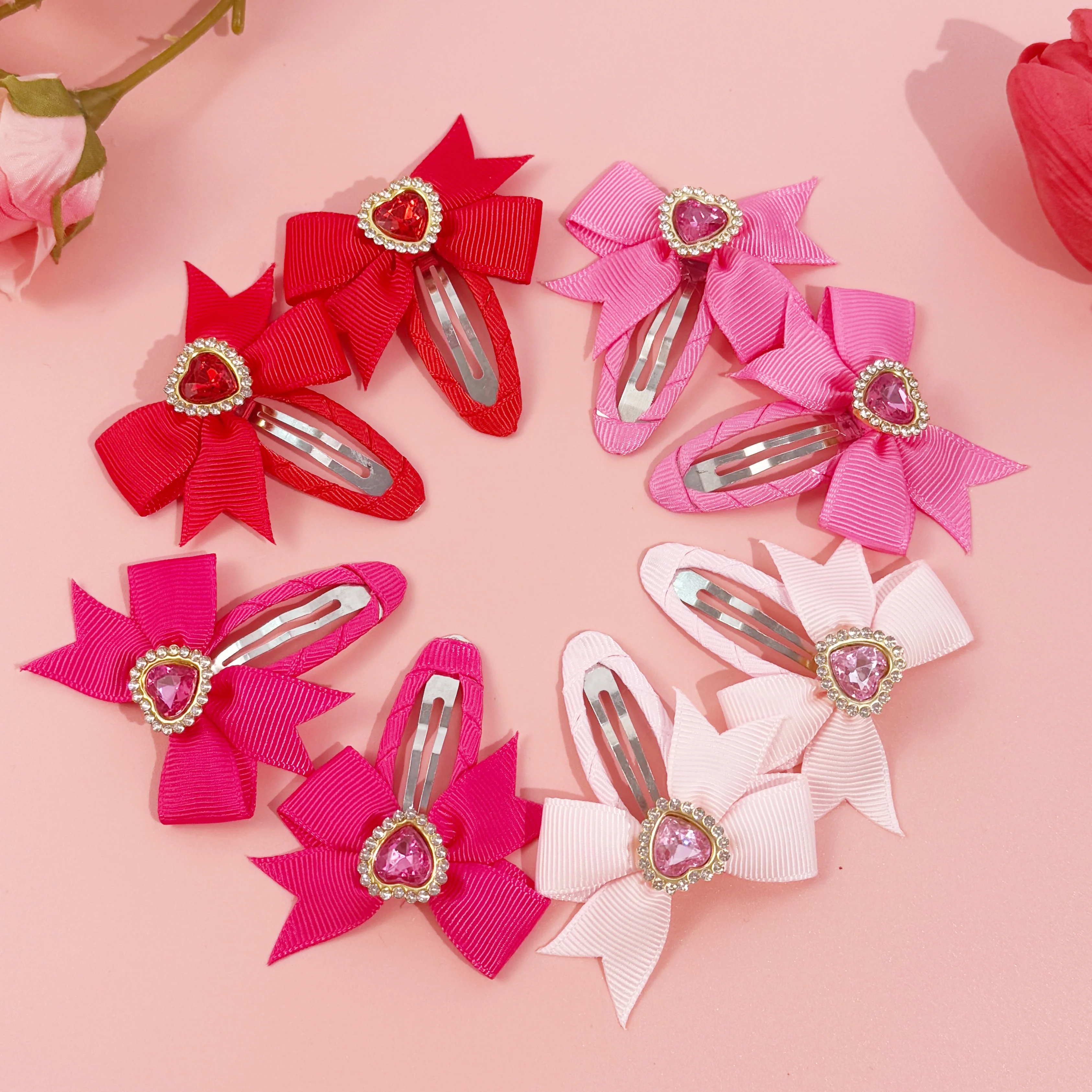 8pcs Girls Hair Bows Barrettes Clips Valentine's Day Hair Clips Ribbon Snap Crystal Heart Hair Clip Kids Girls Hair Accessories